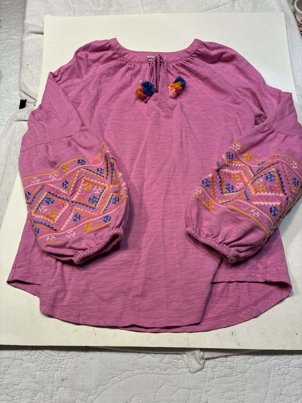 Belle Boho by Kim Gravel Slub Knit Embroidered Peasant Top with Tassels